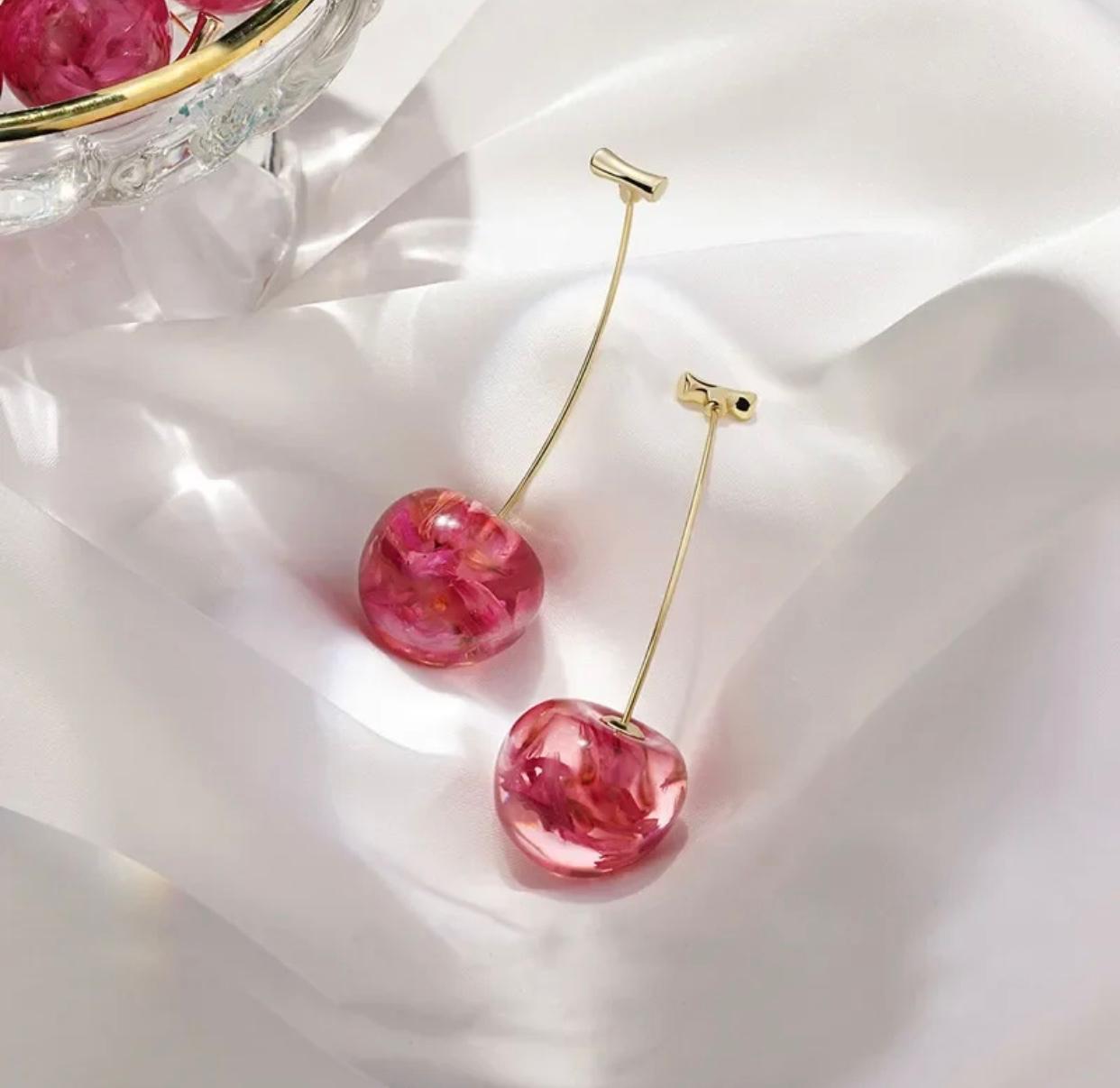 Fiery pink acrylic long drop cherry earrings