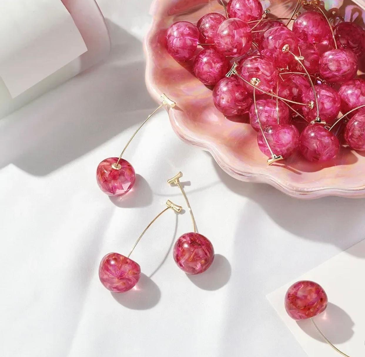 Cherry drop earrings in a fiery pink color 