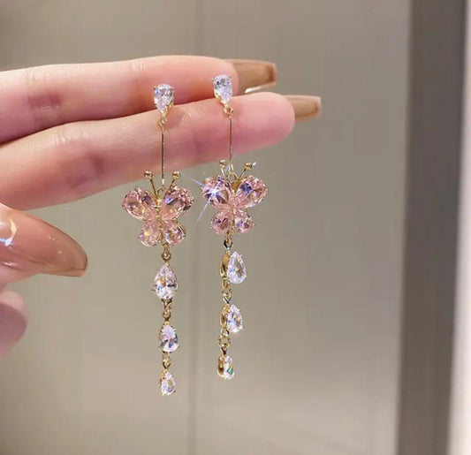 Sparkly pink butterfly crystal earrings