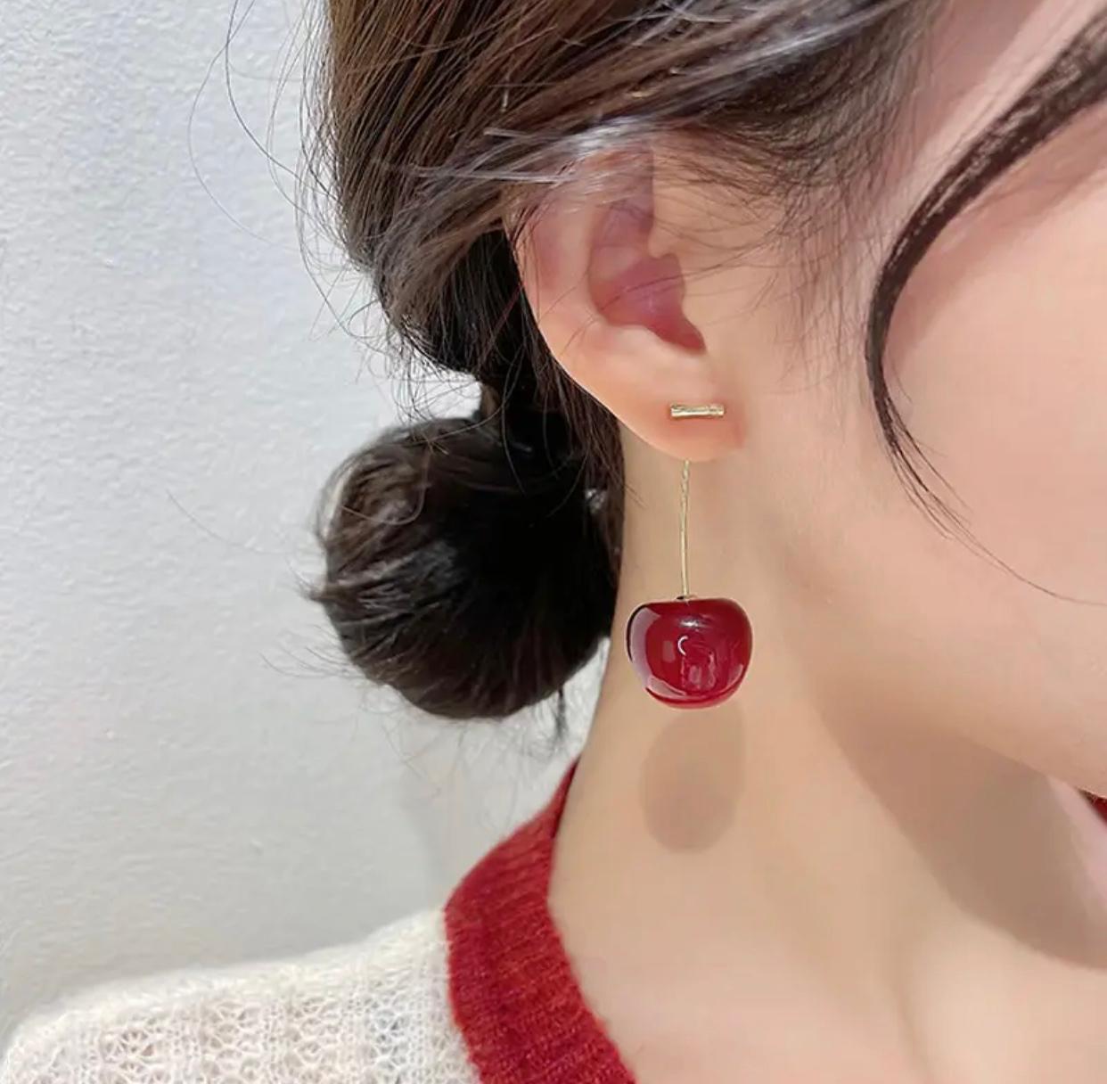 Wine red long drop acrylic earrings with cherry design 